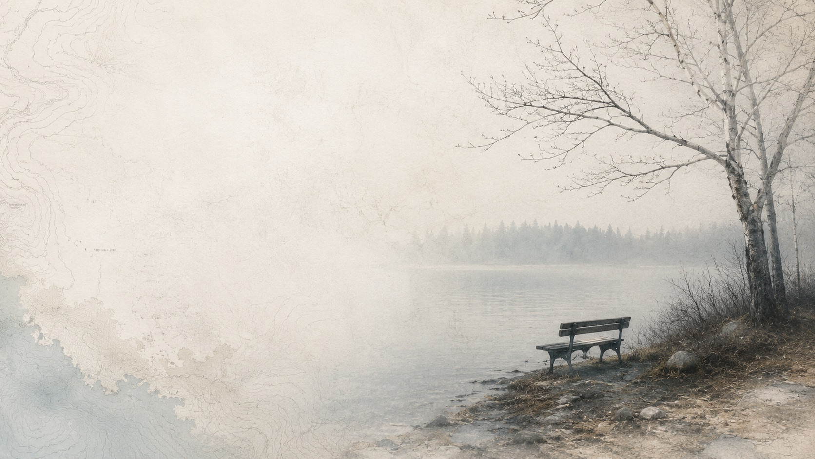 A lone bench beneath a bare birch on a misty lakeshore, map contours dissolving into the fog.