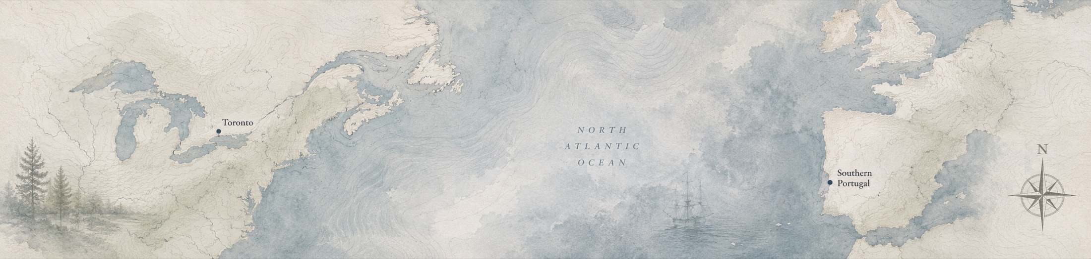 Antique-style map of the North Atlantic marking Toronto and Southern Portugal.