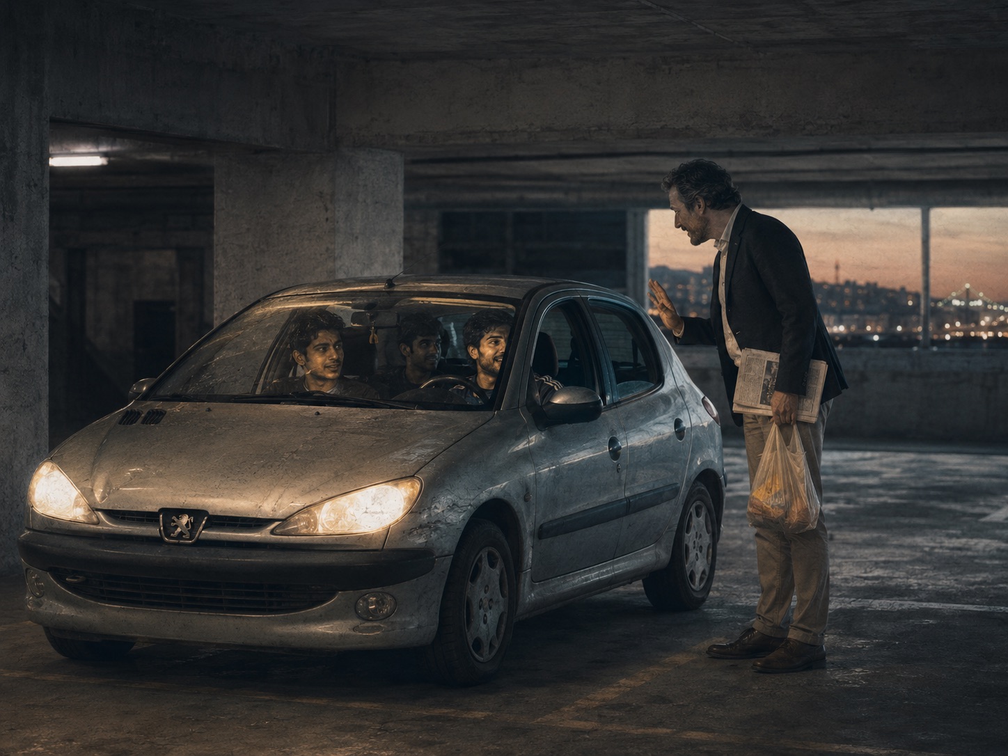A man with groceries and a newspaper leans to speak with young men in a battered car in a parking garage at dusk.
