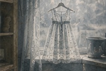 A pale summer dress on a hanger before a frosted window.